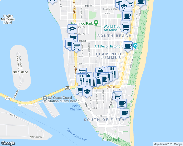 map of restaurants, bars, coffee shops, grocery stores, and more near 610 Jefferson Avenue in Miami Beach