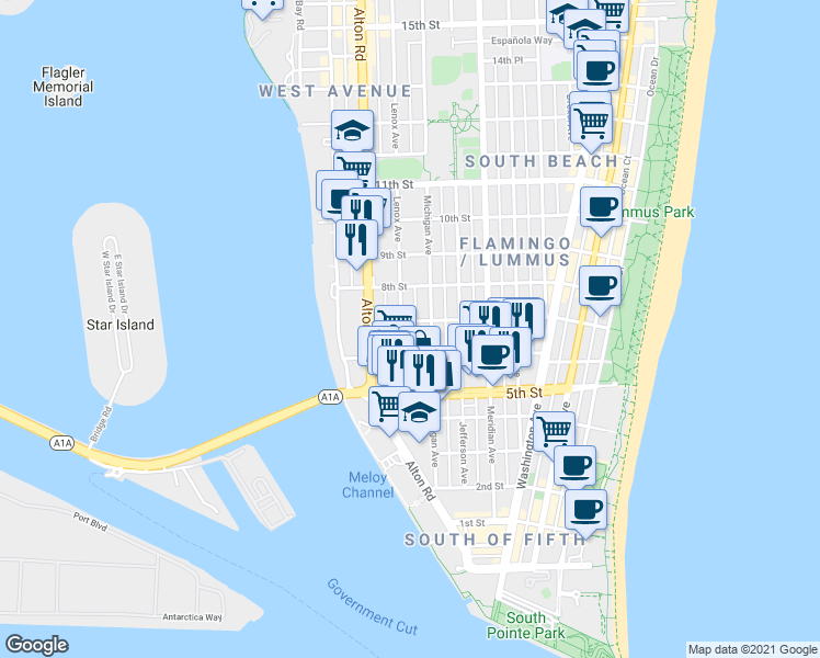 map of restaurants, bars, coffee shops, grocery stores, and more near 1035 6th Street in Miami Beach