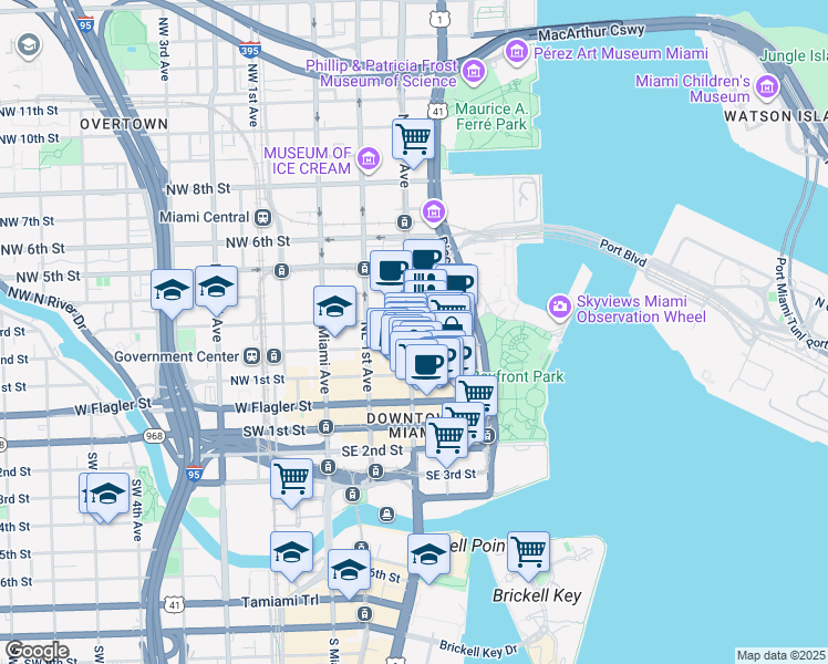 map of restaurants, bars, coffee shops, grocery stores, and more near 204 Northeast 2nd Street in Miami