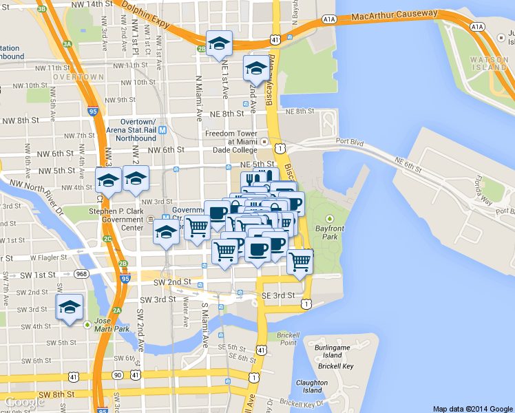 map of restaurants, bars, coffee shops, grocery stores, and more near 204 Northeast 2nd Street in Miami
