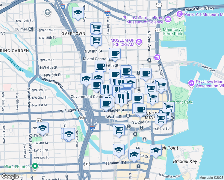 map of restaurants, bars, coffee shops, grocery stores, and more near in Miami