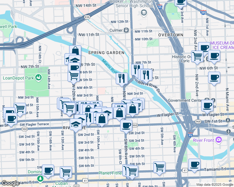 map of restaurants, bars, coffee shops, grocery stores, and more near 221 Northwest 9th Avenue in Miami