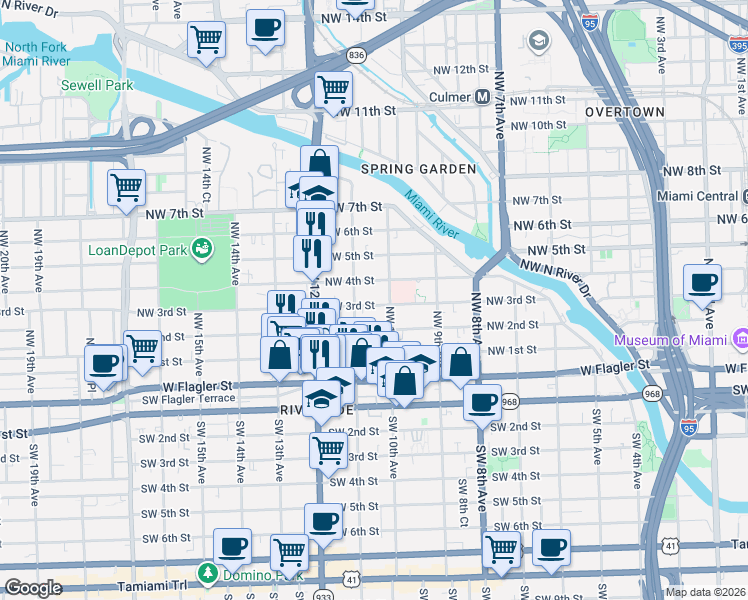 map of restaurants, bars, coffee shops, grocery stores, and more near 1046 Northwest 3rd Street in Miami