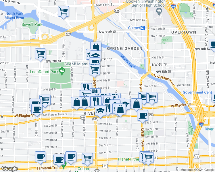 map of restaurants, bars, coffee shops, grocery stores, and more near 1046 Northwest 3rd Street in Miami