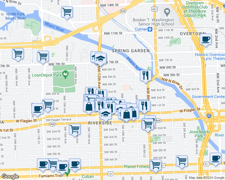 map of restaurants, bars, coffee shops, grocery stores, and more near 1046 Northwest 3rd Street in Miami