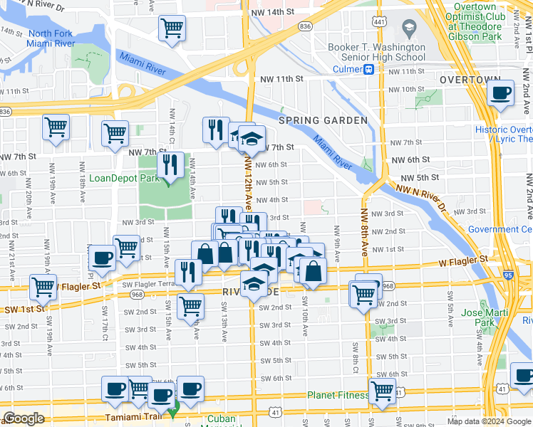map of restaurants, bars, coffee shops, grocery stores, and more near 1152 Northwest 3rd Street in Miami