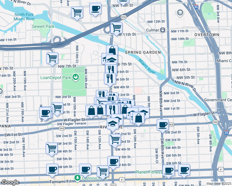 map of restaurants, bars, coffee shops, grocery stores, and more near 1152 Northwest 3rd Street in Miami