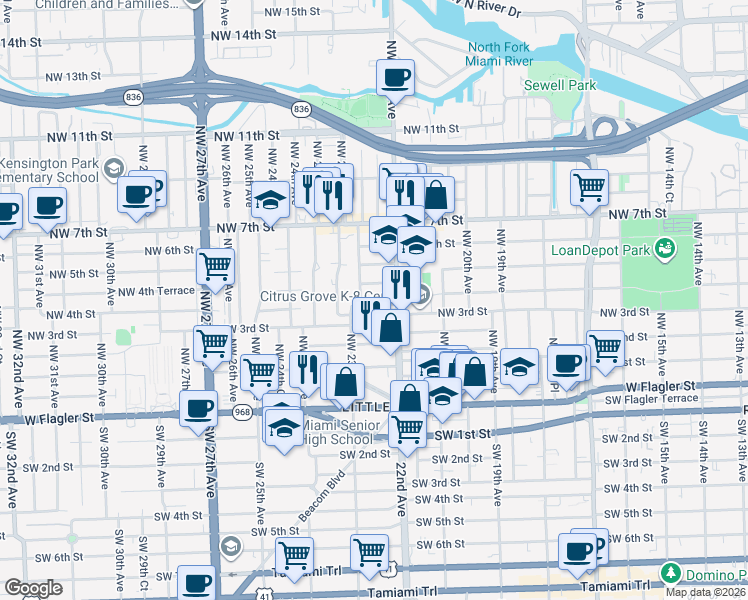 map of restaurants, bars, coffee shops, grocery stores, and more near 2239 Northwest 3rd Street in Miami
