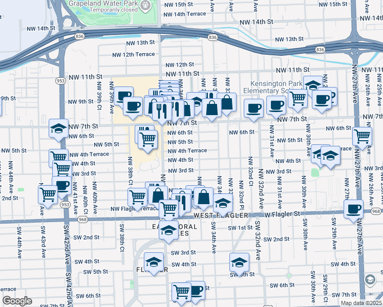 map of restaurants, bars, coffee shops, grocery stores, and more near 3504 Northwest 4th Street in Miami