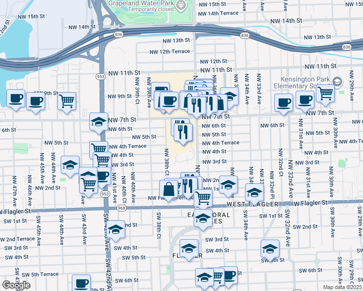 map of restaurants, bars, coffee shops, grocery stores, and more near 401 Northwest 38th Court in Miami