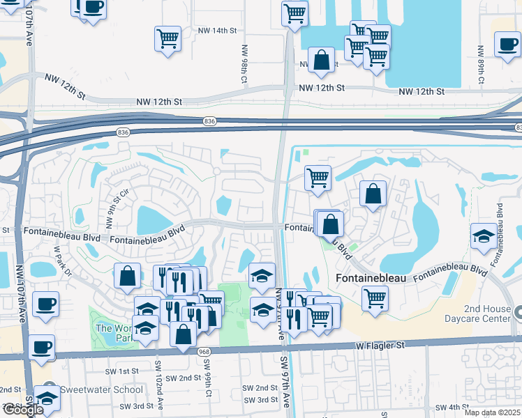 map of restaurants, bars, coffee shops, grocery stores, and more near 9715 Fontainebleau Boulevard in Miami