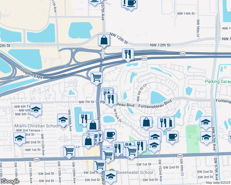 map of restaurants, bars, coffee shops, grocery stores, and more near 710 Northwest 105th Place in Miami