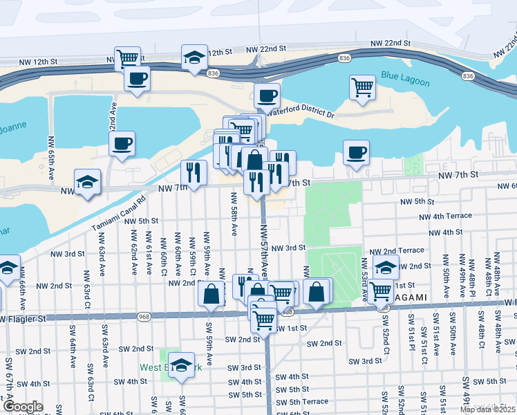 map of restaurants, bars, coffee shops, grocery stores, and more near 10O0 Northwest 57th Court in Miami