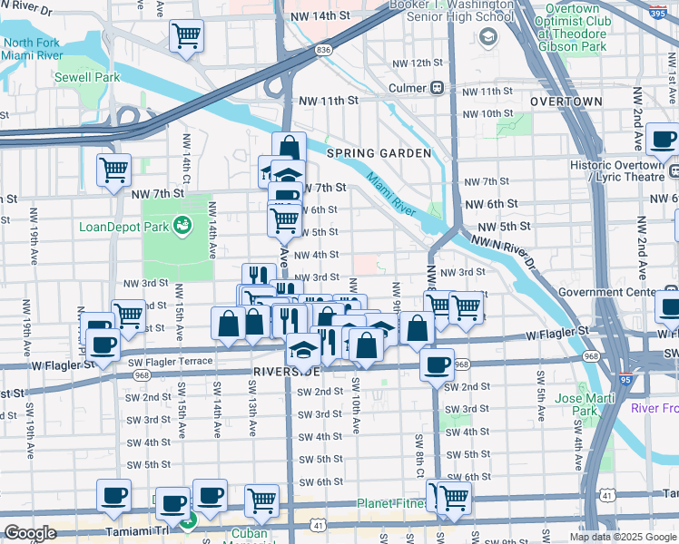 map of restaurants, bars, coffee shops, grocery stores, and more near 1046 Northwest 3rd Street in Miami