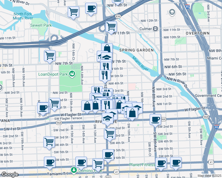 map of restaurants, bars, coffee shops, grocery stores, and more near 1152 Northwest 3rd Street in Miami