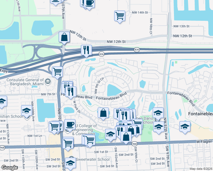 map of restaurants, bars, coffee shops, grocery stores, and more near 10211 Fontainebleau Boulevard in Miami