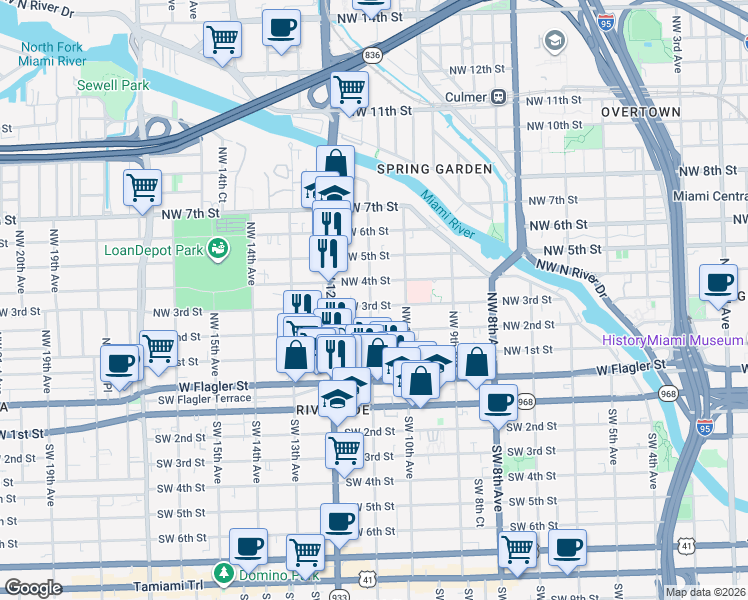 map of restaurants, bars, coffee shops, grocery stores, and more near 1046 Northwest 3rd Street in Miami