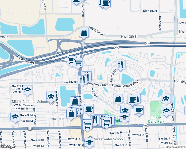 map of restaurants, bars, coffee shops, grocery stores, and more near 710 Northwest 105th Place in Miami