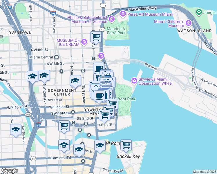 map of restaurants, bars, coffee shops, grocery stores, and more near 137 Northeast 3rd Avenue in Miami