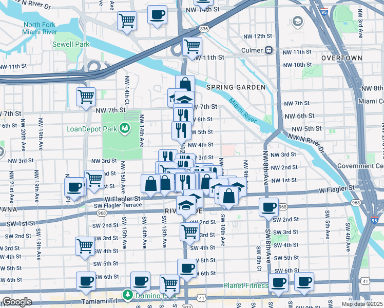 map of restaurants, bars, coffee shops, grocery stores, and more near 1152 Northwest 3rd Street in Miami