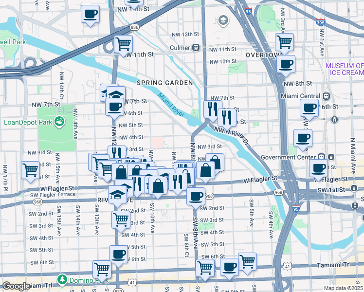 map of restaurants, bars, coffee shops, grocery stores, and more near 221 Northwest 9th Avenue in Miami