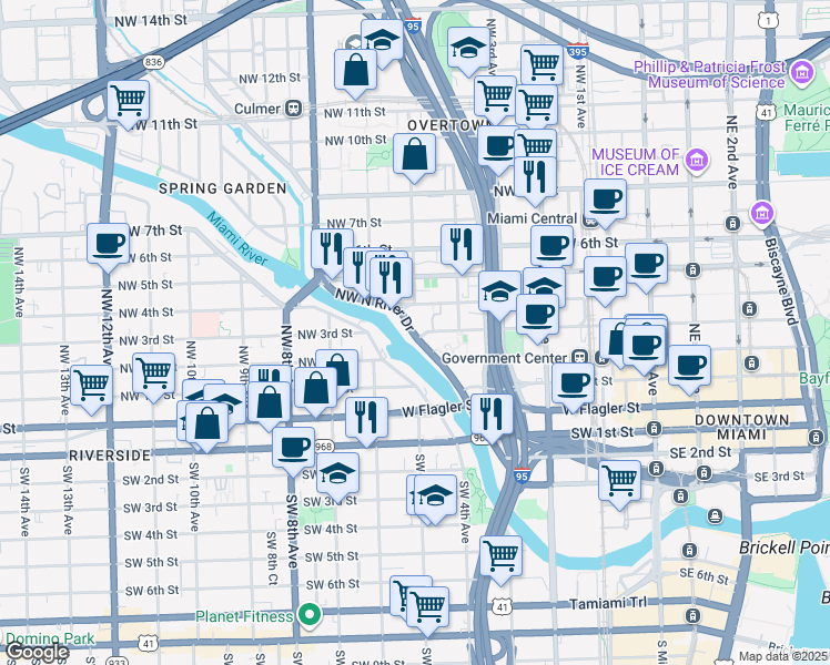 map of restaurants, bars, coffee shops, grocery stores, and more near in Miami
