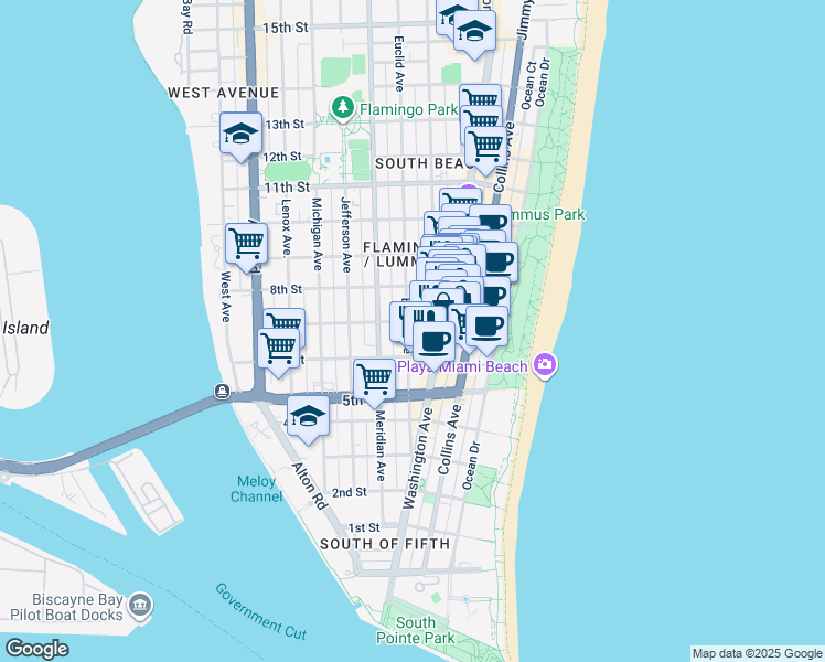 map of restaurants, bars, coffee shops, grocery stores, and more near 719 Euclid Avenue in Miami Beach