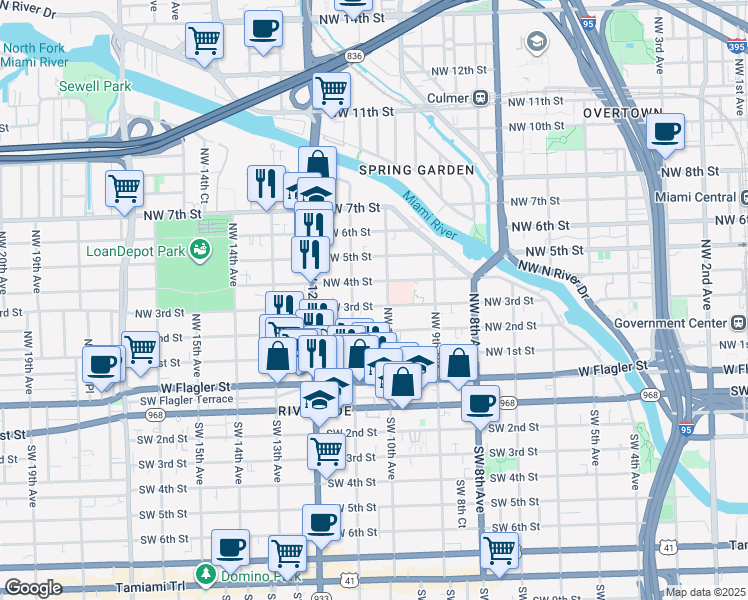 map of restaurants, bars, coffee shops, grocery stores, and more near 1057 Northwest 4th Street in Miami