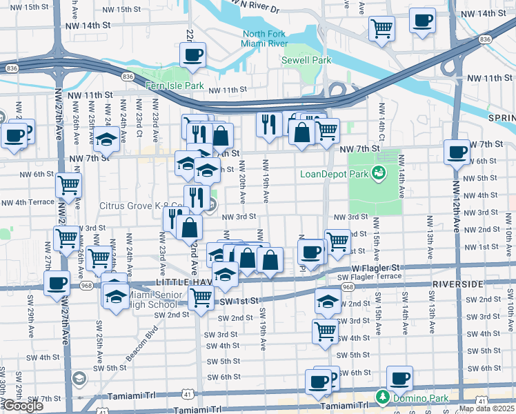 map of restaurants, bars, coffee shops, grocery stores, and more near 415 Northwest 20th Avenue in Miami