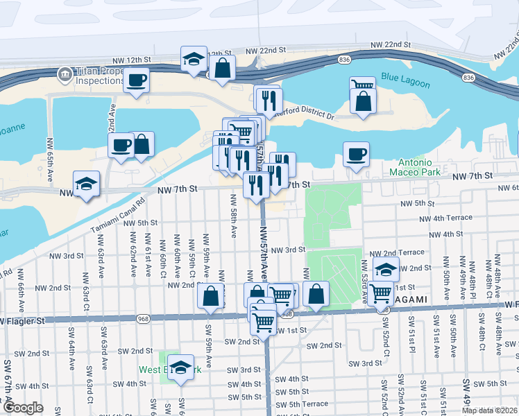 map of restaurants, bars, coffee shops, grocery stores, and more near in Miami