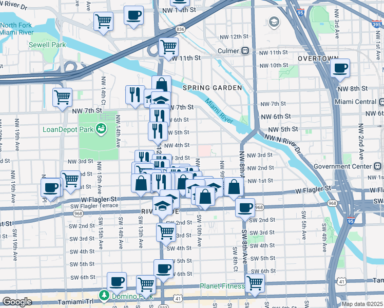 map of restaurants, bars, coffee shops, grocery stores, and more near 1021 Northwest 3rd Street in Miami