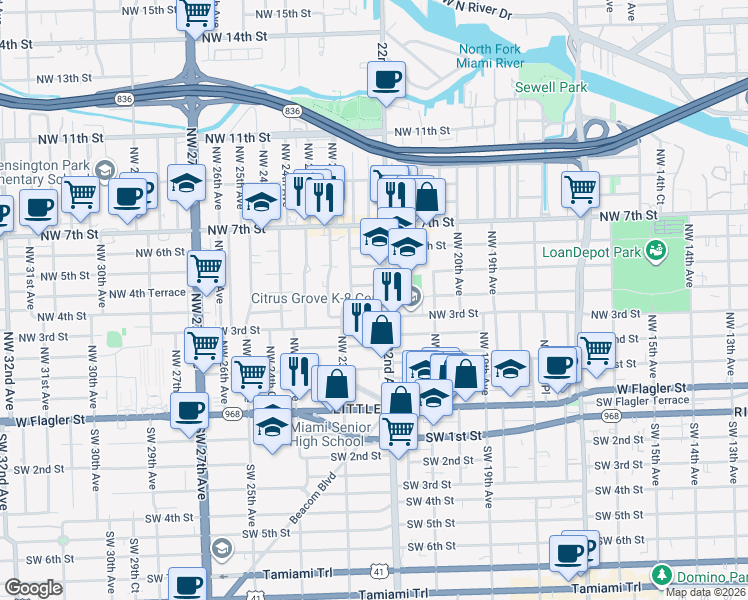 map of restaurants, bars, coffee shops, grocery stores, and more near 2239 Northwest 4th Terrace in Miami