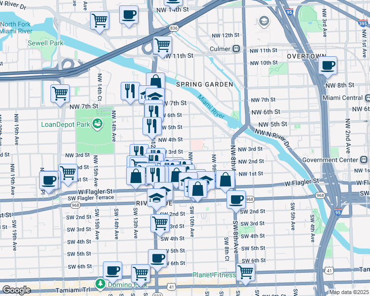 map of restaurants, bars, coffee shops, grocery stores, and more near 1057 Northwest 4th Street in Miami