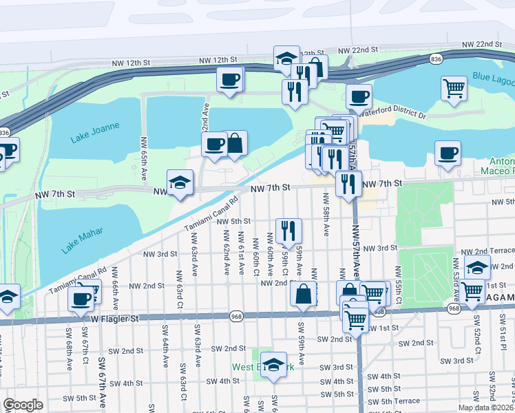 map of restaurants, bars, coffee shops, grocery stores, and more near 6060 Northwest 7th Street in Miami
