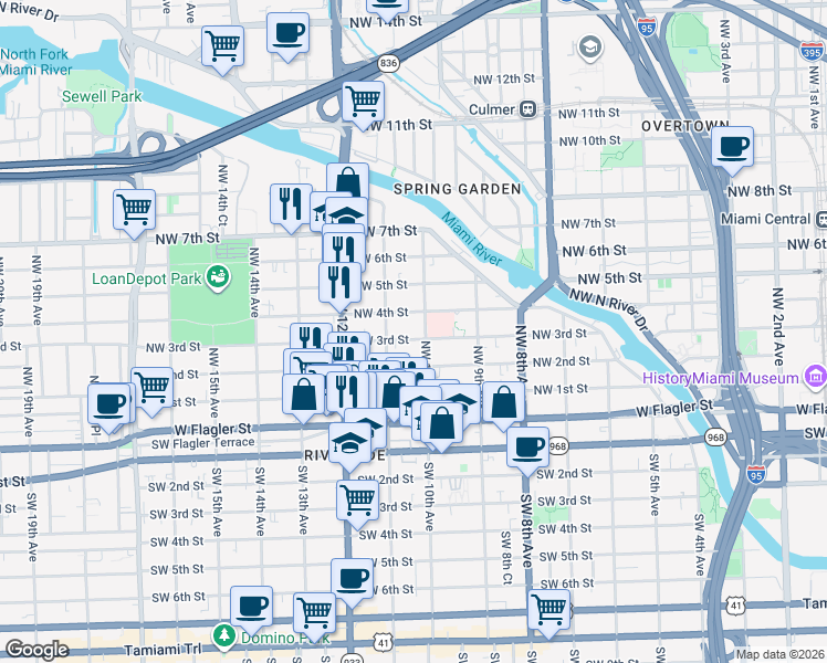 map of restaurants, bars, coffee shops, grocery stores, and more near 1057 Northwest 4th Street in Miami