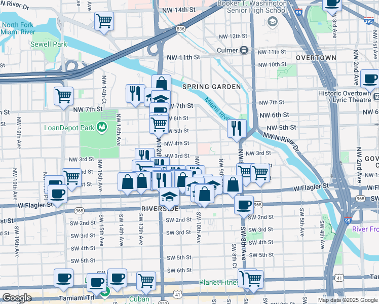 map of restaurants, bars, coffee shops, grocery stores, and more near 1057 Northwest 4th Street in Miami
