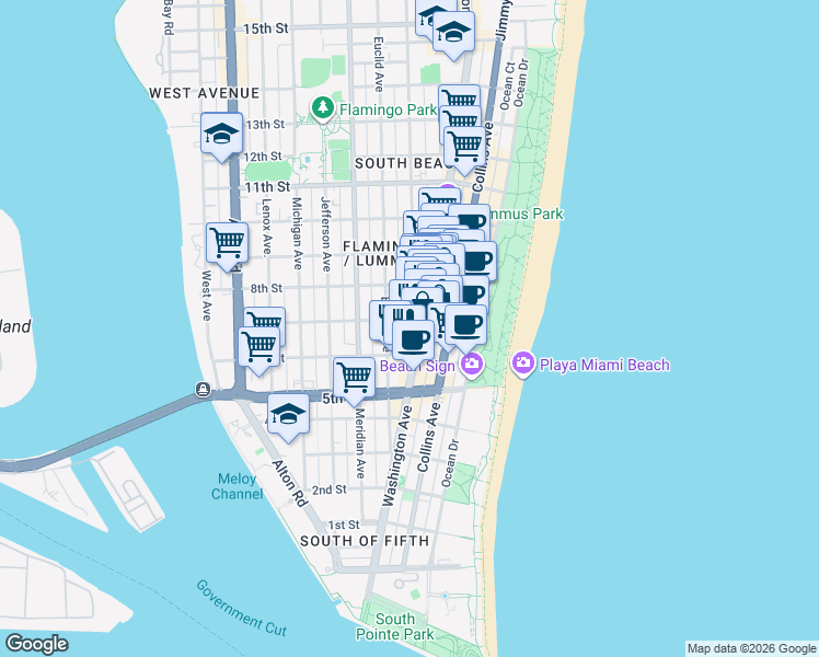 map of restaurants, bars, coffee shops, grocery stores, and more near 719 Euclid Avenue in Miami Beach