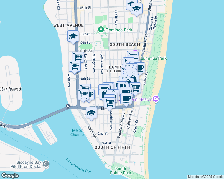 map of restaurants, bars, coffee shops, grocery stores, and more near 719 Meridian Avenue in Miami Beach