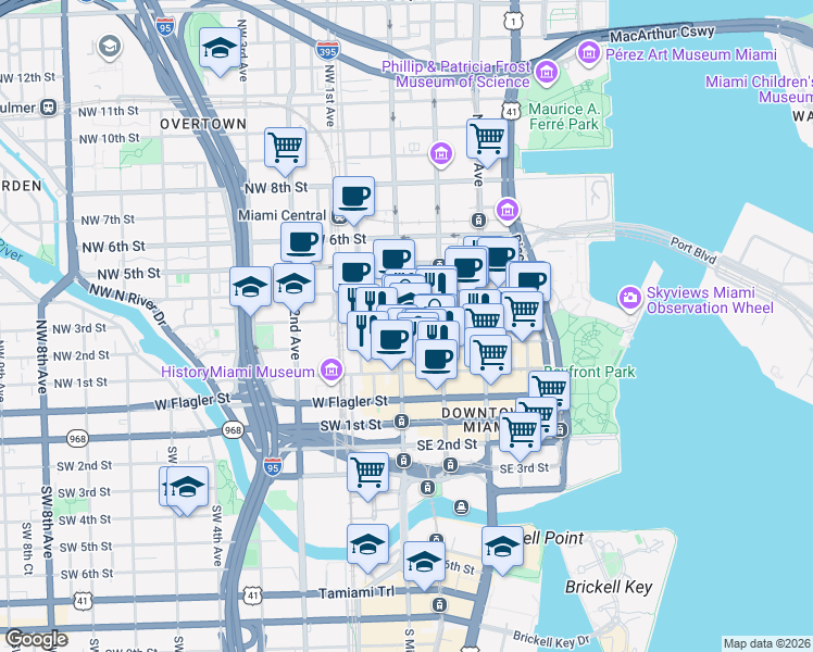 map of restaurants, bars, coffee shops, grocery stores, and more near 301 North Miami Avenue in Miami