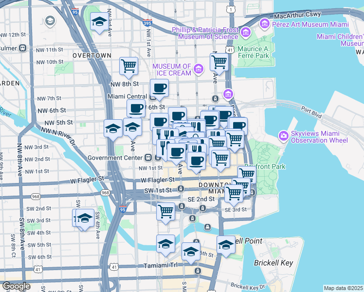 map of restaurants, bars, coffee shops, grocery stores, and more near 301 North Miami Avenue in Miami