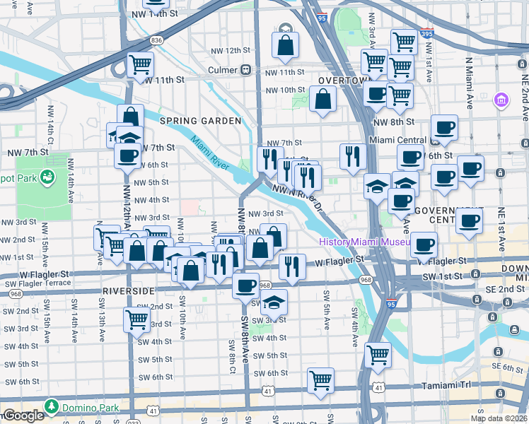 map of restaurants, bars, coffee shops, grocery stores, and more near 380 Northwest South River Drive in Miami