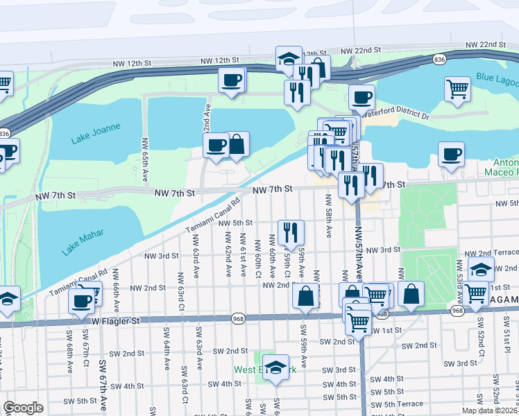 map of restaurants, bars, coffee shops, grocery stores, and more near 6060 Northwest 7th Street in Miami