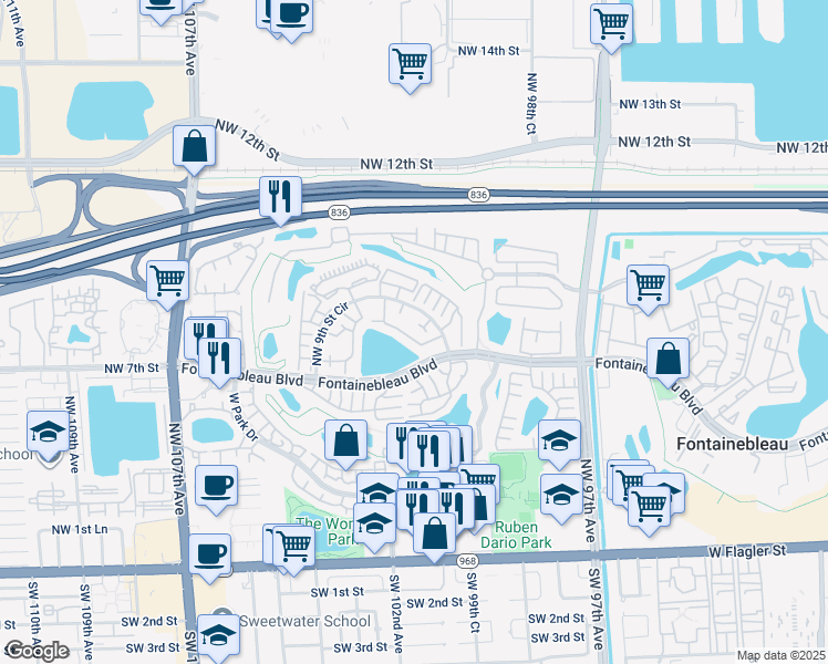 map of restaurants, bars, coffee shops, grocery stores, and more near 9995 Northwest 9th Street Circle in Miami