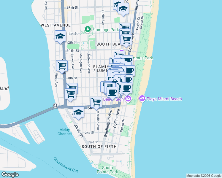 map of restaurants, bars, coffee shops, grocery stores, and more near 719 Euclid Avenue in Miami Beach