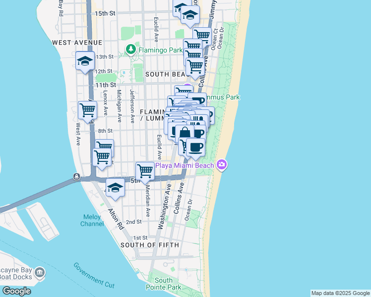 map of restaurants, bars, coffee shops, grocery stores, and more near in Miami Beach