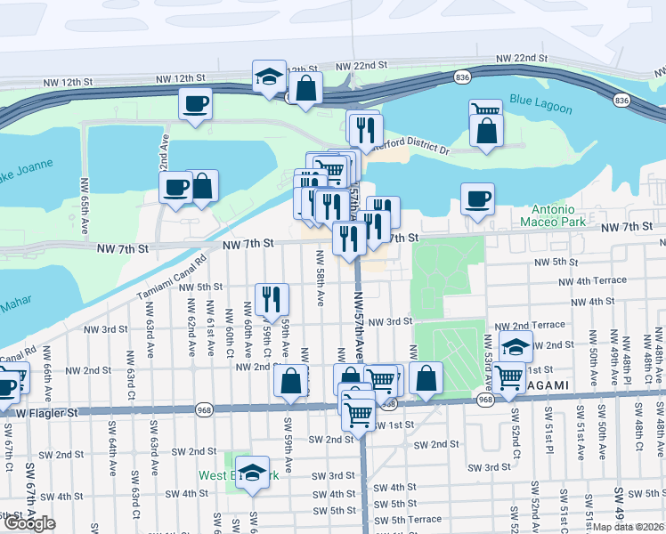 map of restaurants, bars, coffee shops, grocery stores, and more near 532 Northwest 57th Court in Miami