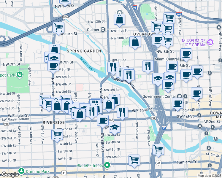 map of restaurants, bars, coffee shops, grocery stores, and more near 380 Northwest South River Drive in Miami