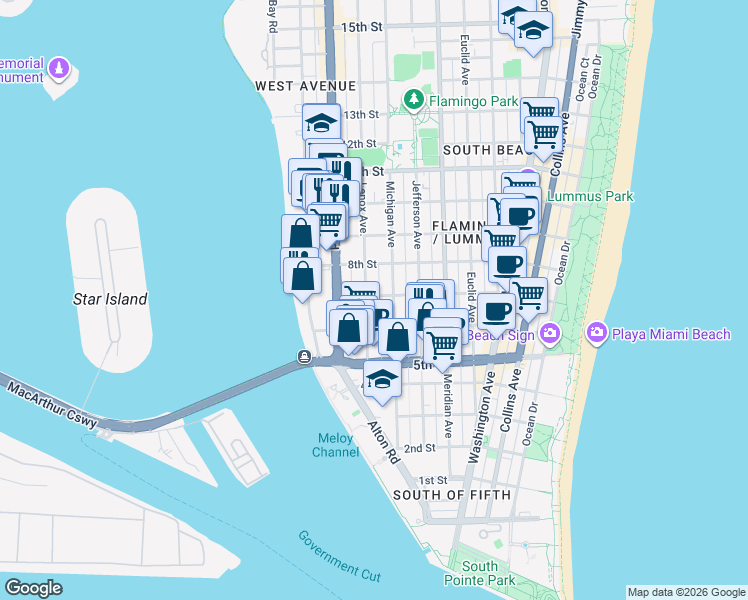map of restaurants, bars, coffee shops, grocery stores, and more near 725 Lenox Avenue in Miami Beach
