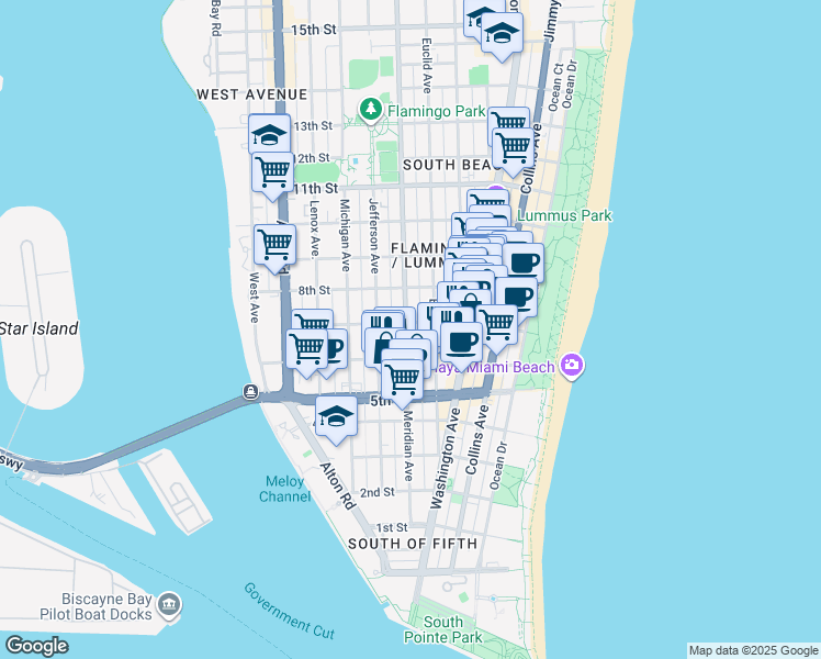 map of restaurants, bars, coffee shops, grocery stores, and more near 719 Meridian Avenue in Miami Beach