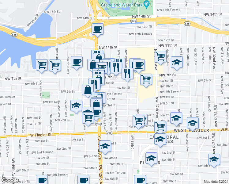 map of restaurants, bars, coffee shops, grocery stores, and more near 4001 Northwest 4th Terrace in Miami
